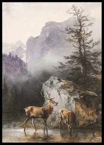 Hirsch Und Tier An Der Tränke By Friedrich Gauermann-2