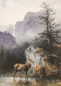 Hirsch Und Tier An Der Tränke By Friedrich Gauermann-3