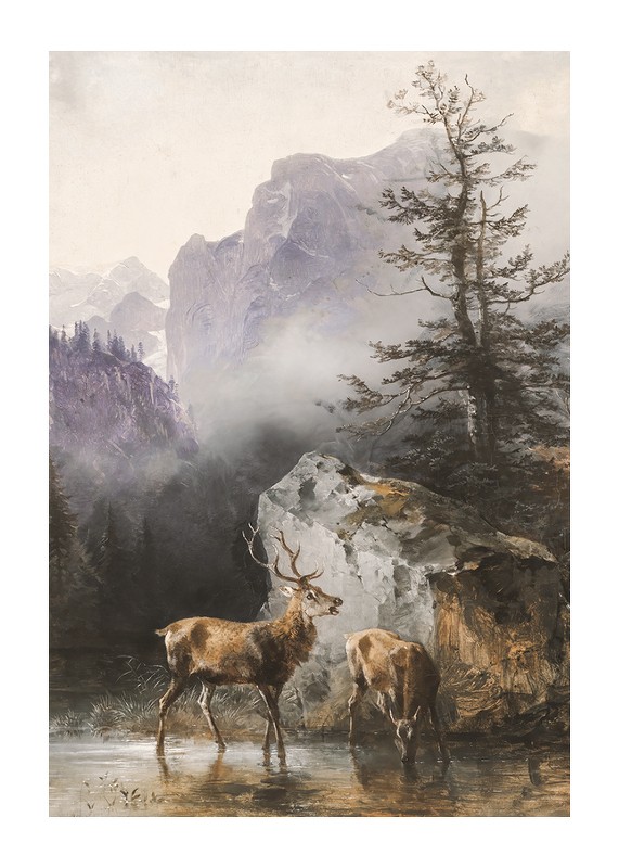 Hirsch Und Tier An Der Tränke By Friedrich Gauermann-1
