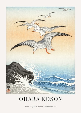 Poster  Five Seagulls Above Turbulent Sea By Ohara Koson