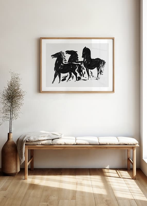 Poster Drie Zwarte Paarden Staand Naar Links Kijkend By Leo Gestel crossfade