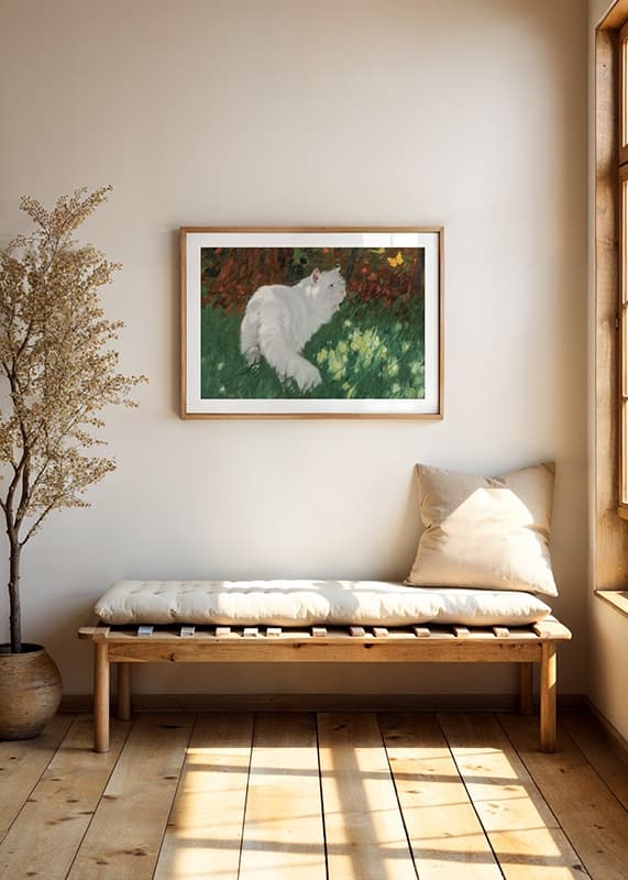 Poster White Cat And Butterflies By Arthur Heyer crossfade