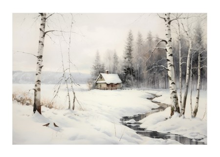 Poster Cottage Winter Landscape