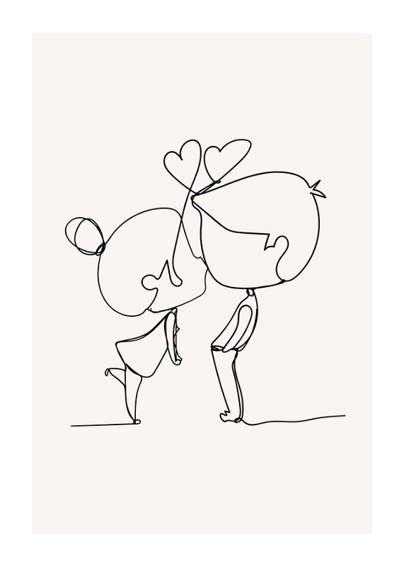 Poster cu o ilustrație minimalistă de artă în linie a unei fete și a unui băiat care transmit dragoste-1