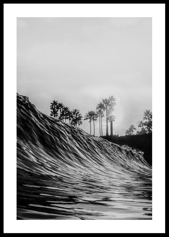 Poster alb-negru cu o fotografie care surprinde o vedere dramatică a unui val care se prăbușește-0