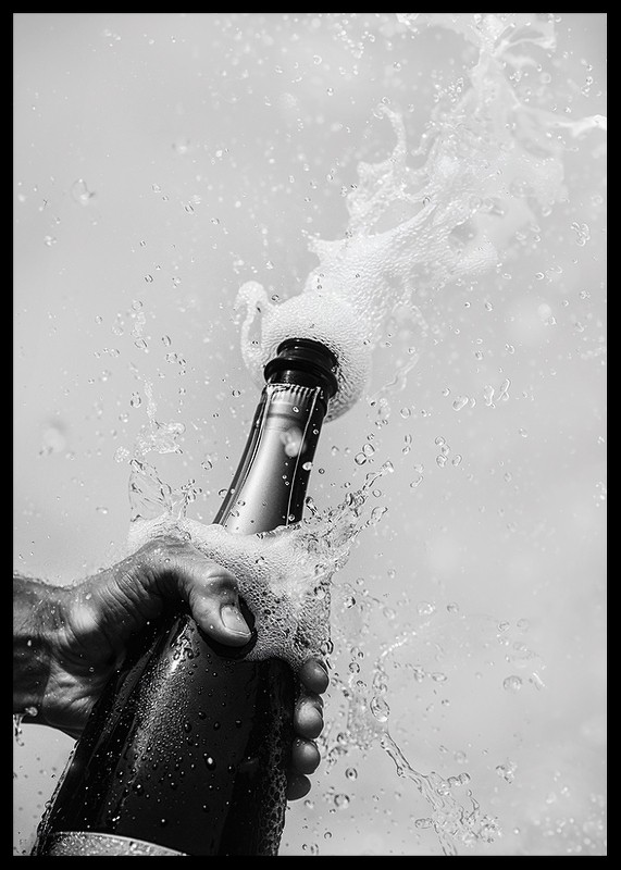 Poster alb-negru cu fotografia unei sticle de șampanie care tocmai a fost deschisă-2