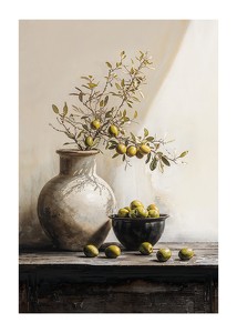 Poster cu o pictură în acuarelă cu o ramură de măslin într-o oală-1