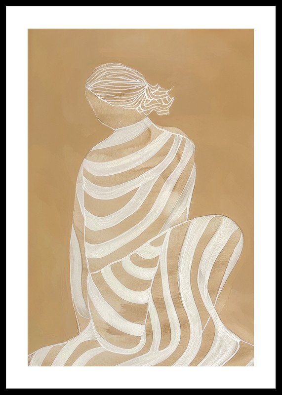 Poster cu o pictură în acuarelă a unei femei într-o rochie albă în dungi-0