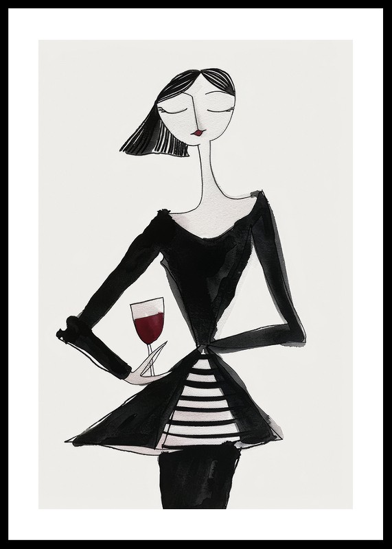 Poster cu o pictură în acuarelă a unei femei abstracte ținând un pahar de vin-0