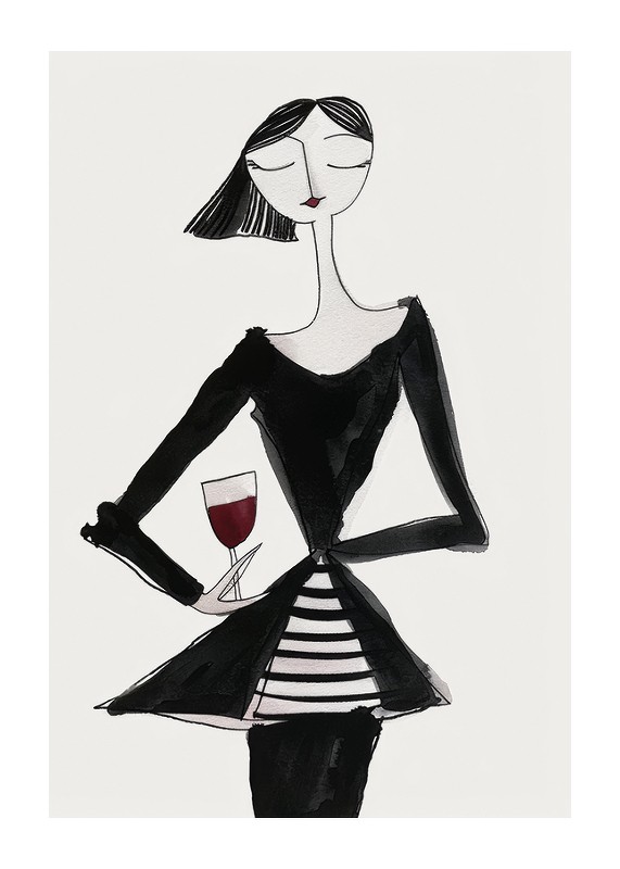 Poster cu o pictură în acuarelă a unei femei abstracte ținând un pahar de vin-1