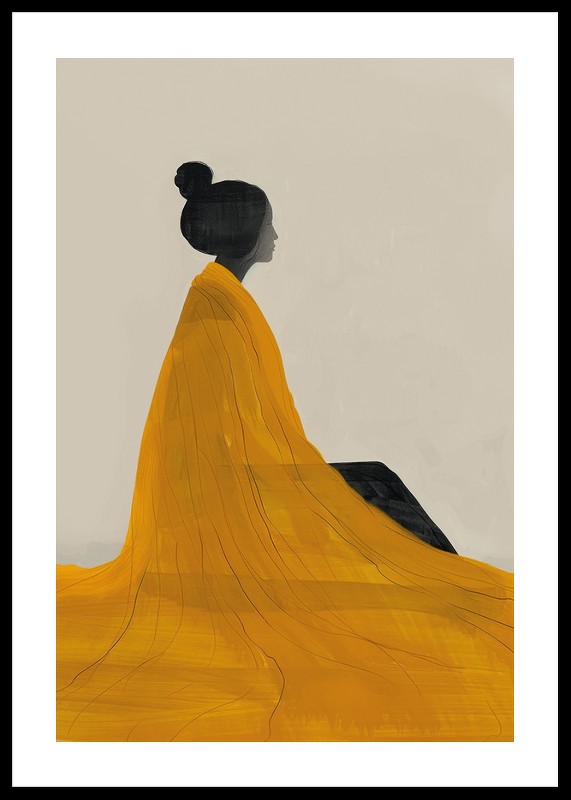 Poster cu o pictură în acuarelă a unei femei într-o rochie galbenă pictată în stilul japonez Edo-0
