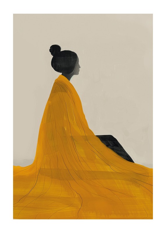Poster cu o pictură în acuarelă a unei femei într-o rochie galbenă pictată în stilul japonez Edo-1