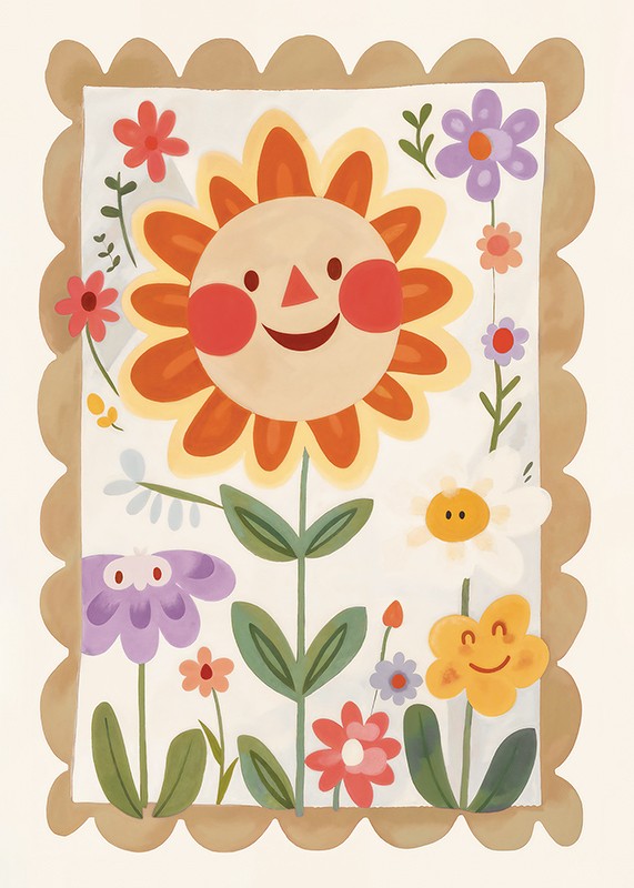 Poster cu o pictură în acuarelă a unei floarea-soarelui mare zâmbitoare-1