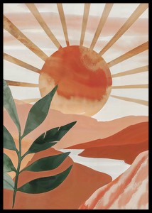 Poster cu o pictură în acuarelă a unui soare peste un peisaj montan-2