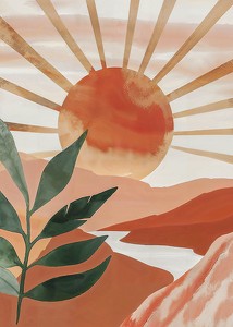 Poster cu o pictură în acuarelă a unui soare peste un peisaj montan-3