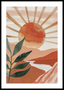 Poster cu o pictură în acuarelă a unui soare peste un peisaj montan-0
