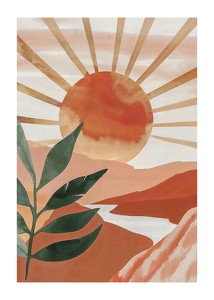 Poster cu o pictură în acuarelă a unui soare peste un peisaj montan-1