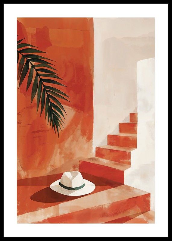 Poster cu o pictură în acuarelă a unei pălării pe o scară-0